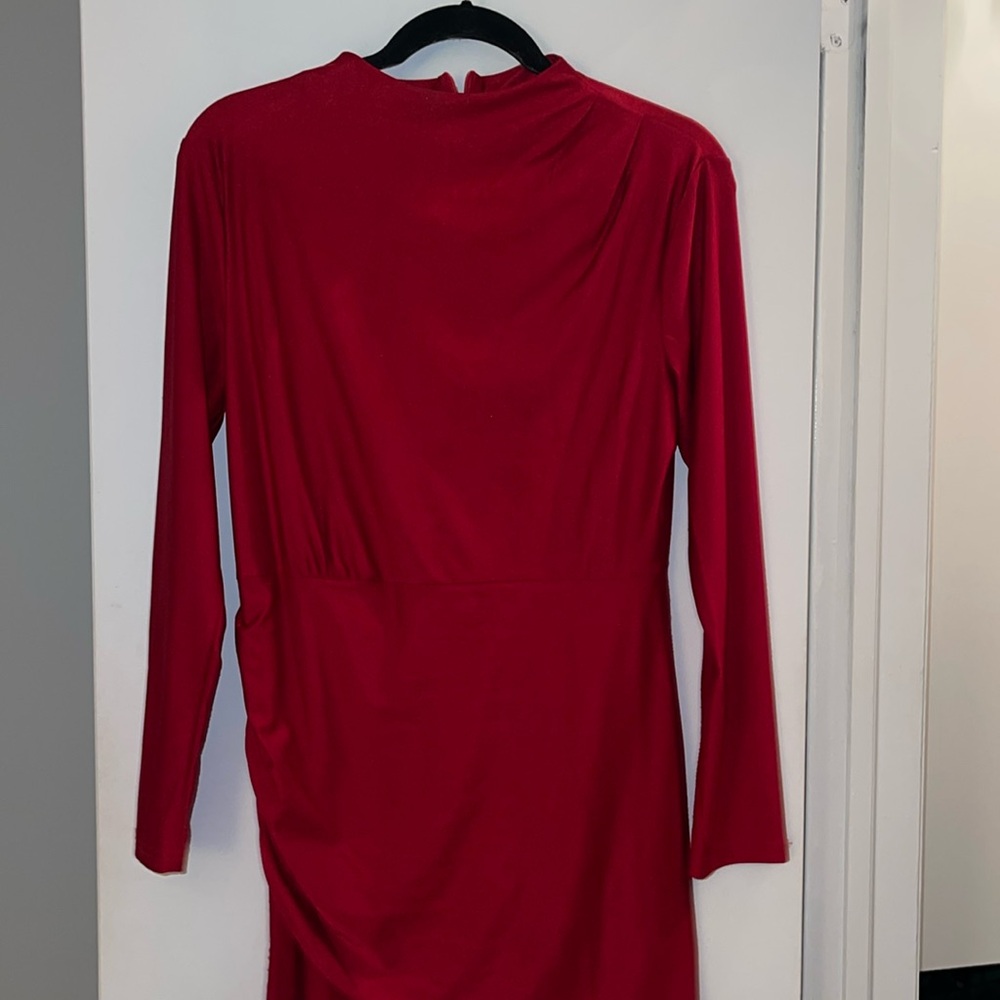 Red shiny mini dress, long sleeve banded at the waist